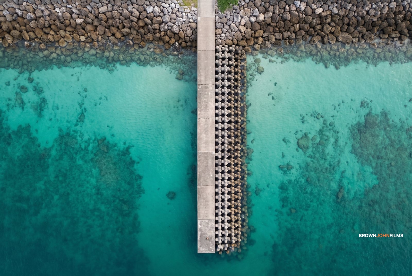 Concrete breakwater dividing turquoise shallows, seen from directly above