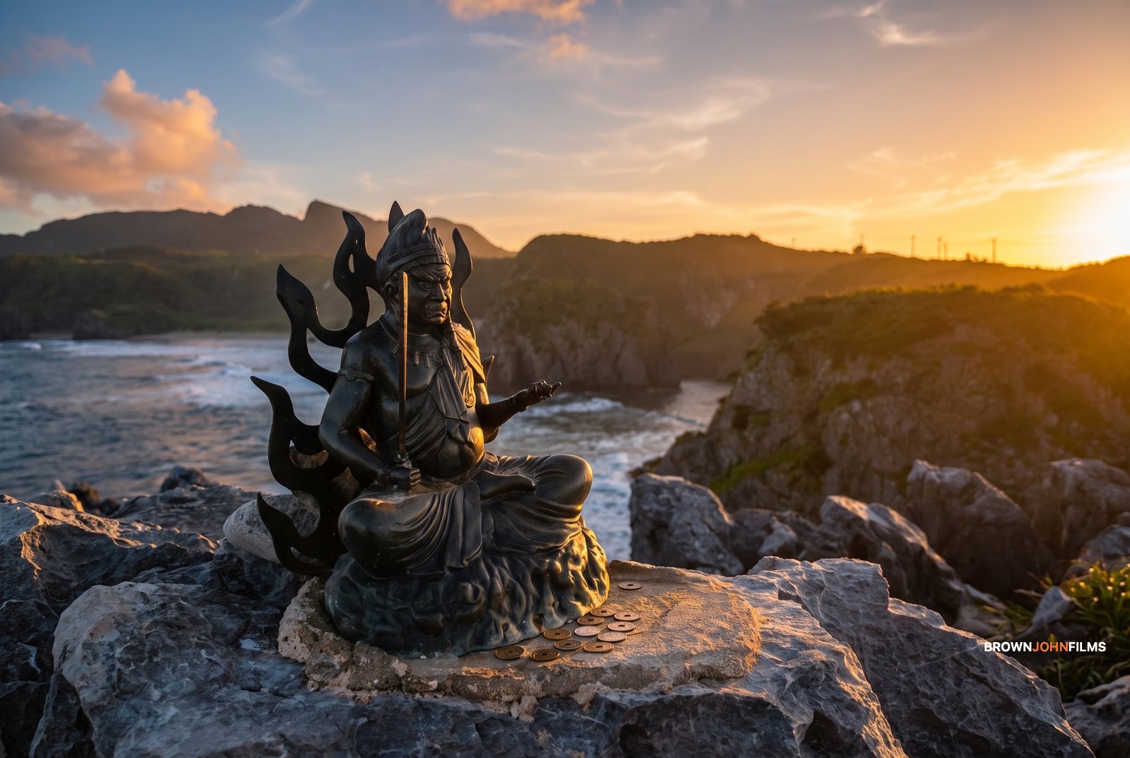 Bronze statue on a rocky clifftop above the sea at sunset