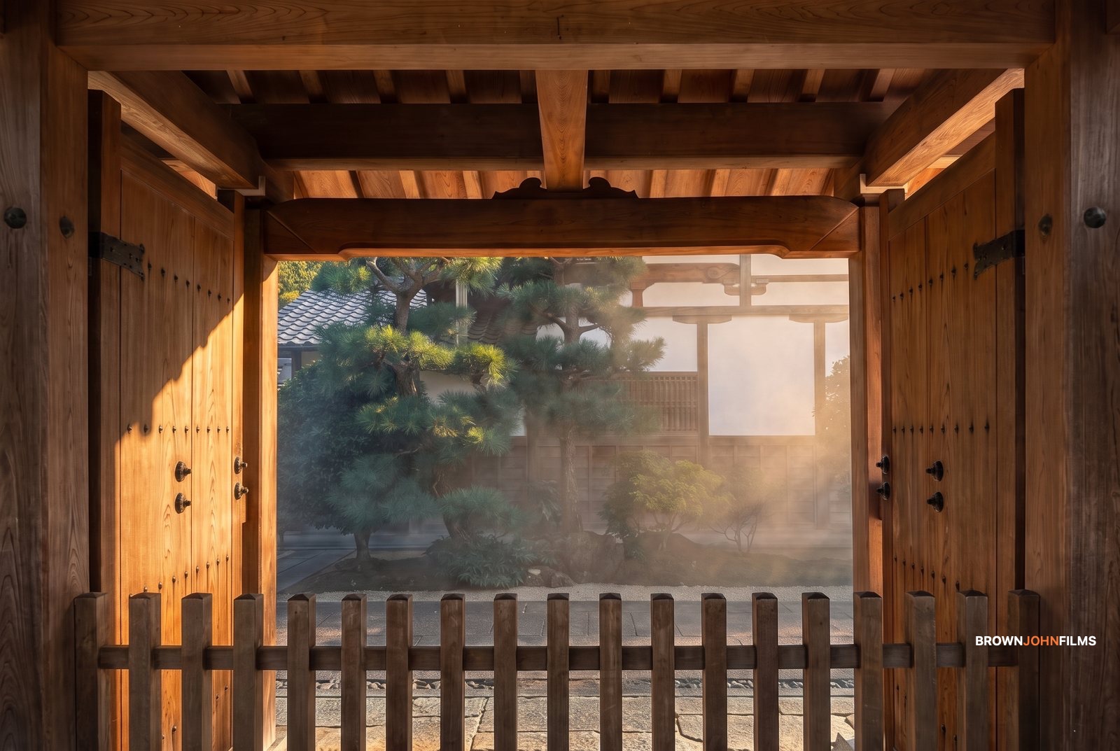 Wooden gateway looking through to a misty pine garden