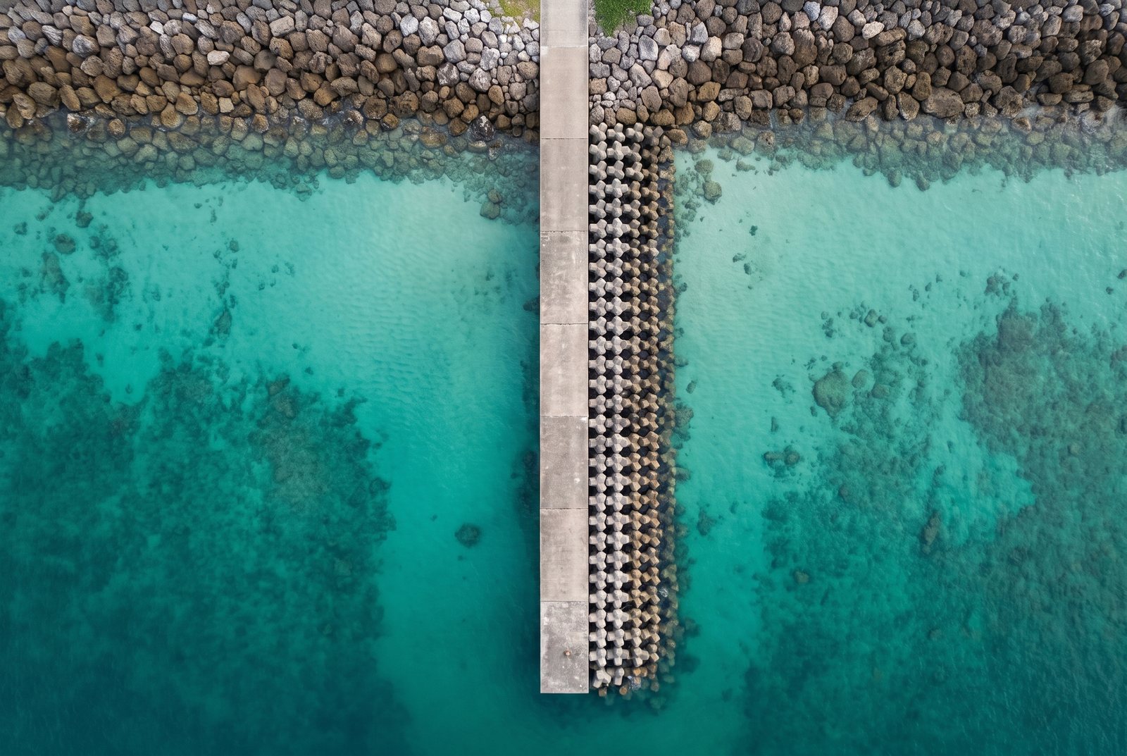 Concrete breakwater dividing turquoise shallows, seen from directly above