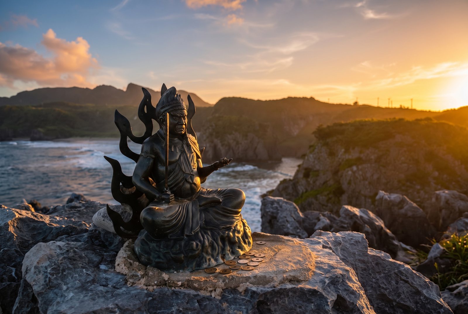 Bronze statue on a rocky clifftop above the sea at sunset