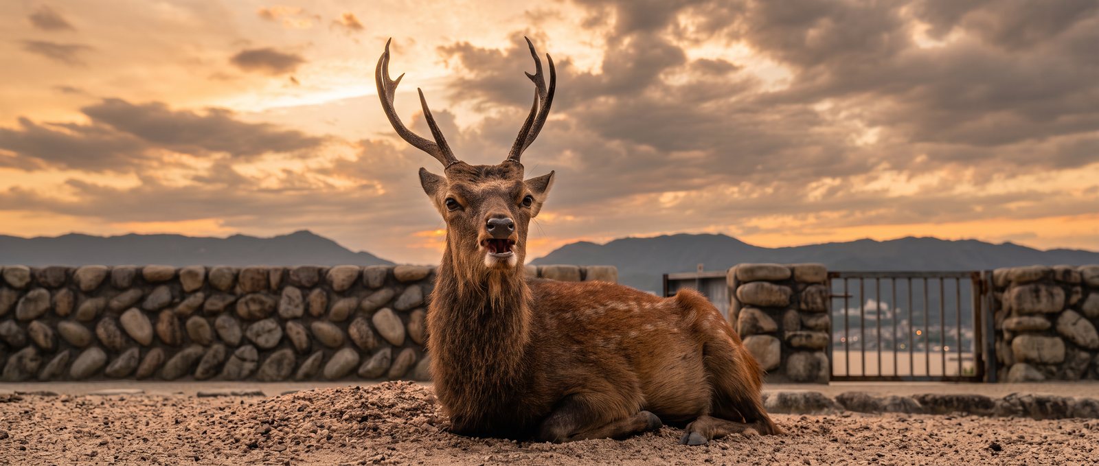 A deer resting on sand in front of mountains at sunset