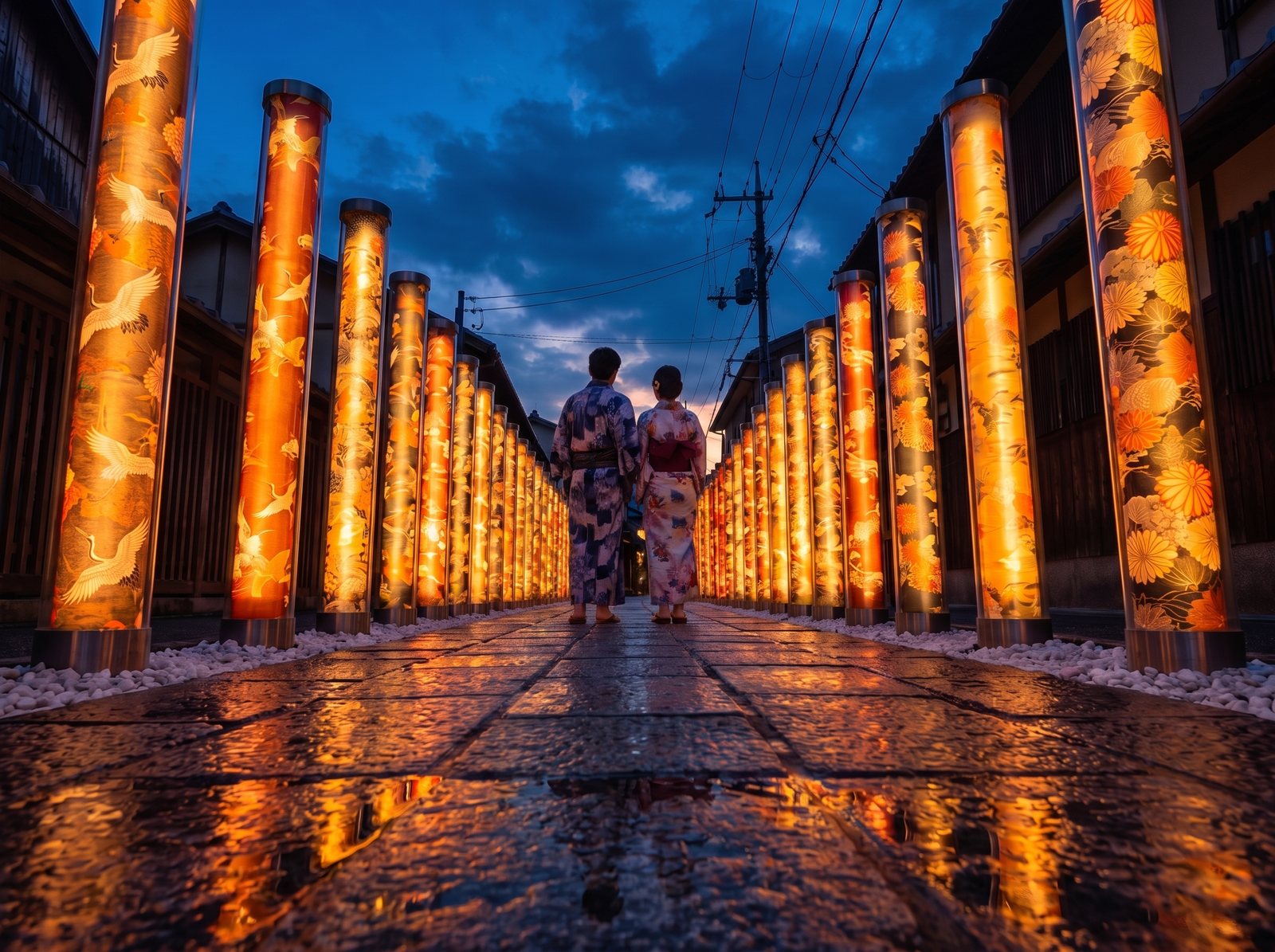 Two people in yukata walking between illuminated lantern columns on a wet stone path at blue hour